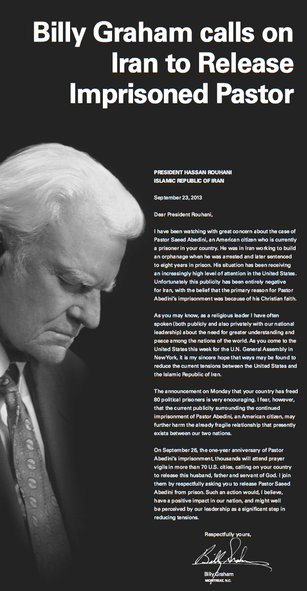 SarahPalinUSA's tweet photo. Billy Graham's full page ad imploring the release of Saeed Abedini. #SaveSaeed http://t.co/0OxvDPjDWk http://t.co/7tGUHFHaO7