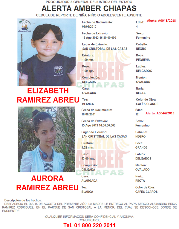Ratn12's tweet photo. Difunde por favor #AlertaAmber Elizabeth y Aurora Ramírez Abreu, de 4 y 12 años. #SCLC #Chiapas http://t.co/7ywNhUJ2HX"