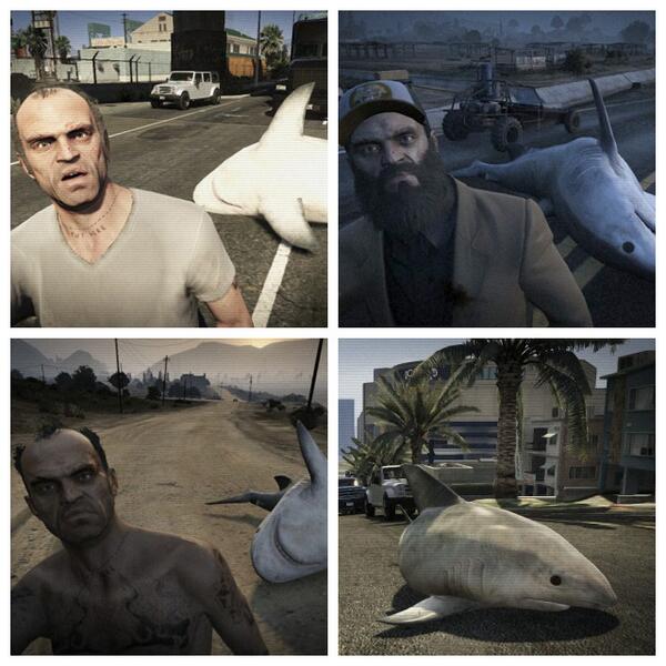 RockstarGames's tweet photo. The #GTAV 'shark out of water' Snapmatic trend. Los Santos shark hunters channel their inner Quint. How'd they do it? http://t.co/MHHKz70Ykc