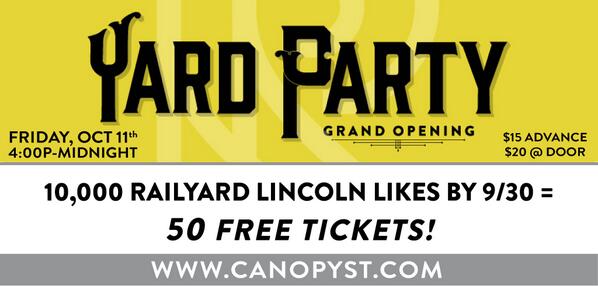 CanopyStreet's tweet photo. We're giving away 50 Yard Party tickets if we reach 10k likes by 9/30! Share it http://t.co/WDgHDrh1IE #LNK #Huskers http://t.co/9TuQcayanu