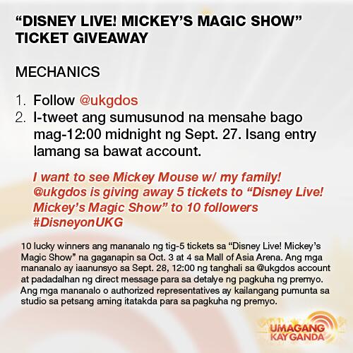 ukgdos's tweet photo. Win 5 tickets to "Disney Live! Mickey's Magic Show" on Oct. 3-4 at the Mall of Asia Arena. See pic for MECHANICS: http://t.co/EFsTnQ1qgJ