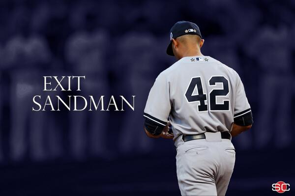 SportsCenter's tweet photo. Derek Jeter and Andy Pettitte pulled Mariano Rivera from the game.
Yankee Stadium errupted..and cried.
#ExitSandman http://t.co/u1occZEtK3