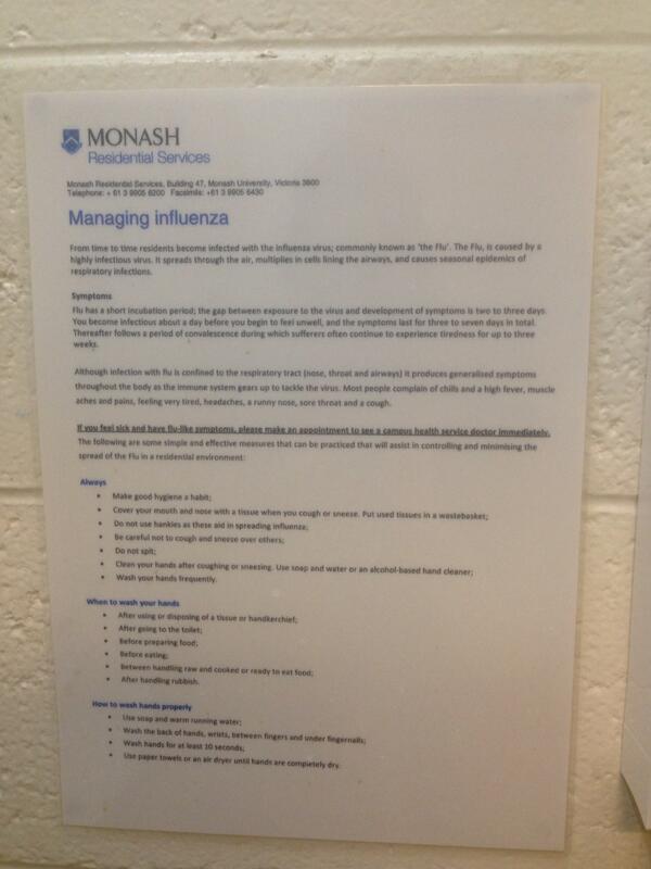 krcar3's tweet photo. 'Influenza' signs near bathroom wash basins. Raising awareness where relevant. #sphpm #bms2013 @BasiaDiug http://t.co/WLVqP25U1e