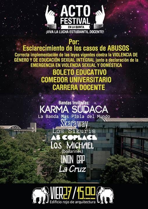 HOY VIERNES KARMA SUDACA EN VIVO!!! ACTO FESTIVAL EN LA QUINTA GASTRONÓMICA APOYANDO LA LUCHA ESTUDIANTIL DESDE LAS