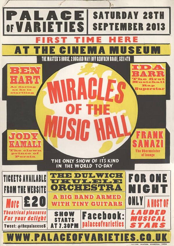 Hear ye, hear ye! See us at the <a href="/CinemaMuseum/">The Cinema Museum</a> tomorrow eve for good a old fashioned music hall rumpus! <a href="/ThePalaceSE5/">Palace of Varieties</a>