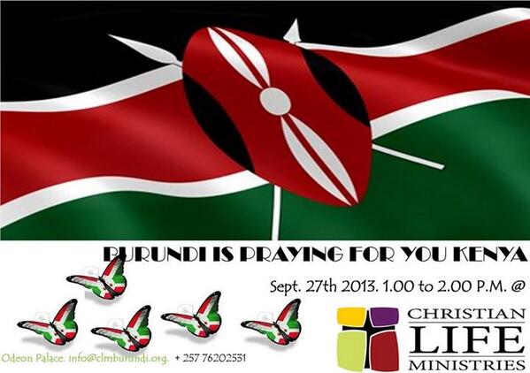 SORAZIZ's tweet photo. Prayers for the victims of the #WestgateAttack in Bujumbura
Venue: Odeon Palace, 100pm to 200pm
#TuriBamwe #WeAreOne http://t.co/xcVBF5mqo6