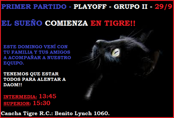 DuarteYanina's tweet photo. Este domingo 29/9, Daom vs Tigre por los 8vos. de final de los Playoffs del G III para ascender a G II.VAMOS TRICOLOR http://t.co/C4zCScW43x