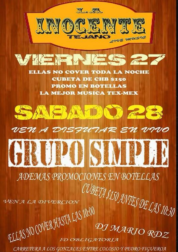 lainocentebar's tweet photo. Hoy es viernes y toca ir a #LaInocenteLiveMusic #saltillo las mejores promociones y el mejor ambiente. http://t.co/xBYLJUYt98