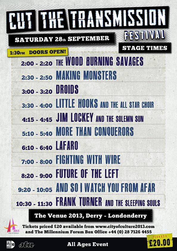 CTTfestival's tweet photo. Cut The Transmission Festival stage times! @frankturner @shit_rock @jlandtss @wbsavages @Xtra_Mile @makingmonsters1 http://t.co/aIhoPqpQsm
