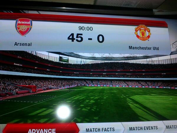 eplspy's tweet photo. hahahaha #ArsenalFC 45-0 #ManchesterUnited In #EASPORTSFIFA http://t.co/Cyx0SDH7AX