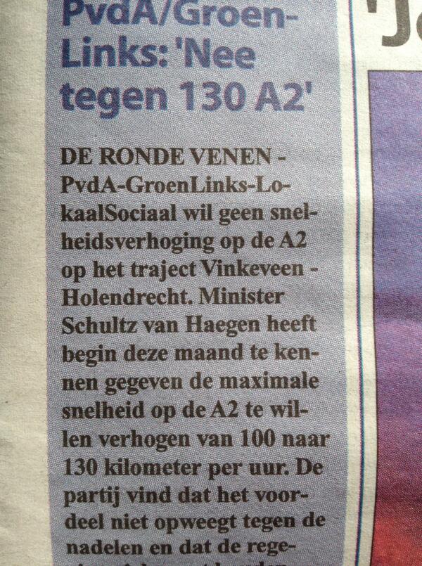AbcoudeNu's tweet photo. PvdA/Groenlinks: 'Nee tegen 130 A2' @VVDDeRondeVenen @CDA_DRV Wat zijn de argumenten voor 130km in onze gemeente? http://t.co/DSKeoRuFTz