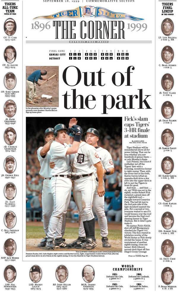 dfpSteve's tweet photo. (2/4) TIGER STADIUM FINALE / 9.28.99 @freep Sports front #page / Fick’s slam is final hit. @freepsports #dfpCorner http://t.co/hP14iGkz1f