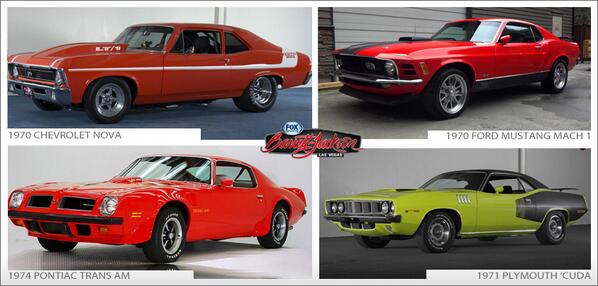 IndyCarOnFOX's tweet photo. Which of these 70s muscle cars would you drive: #70Nova; #70Mustang; #74TransAm; #71Cuda #BarrettJackson http://t.co/bahrqg7YEW