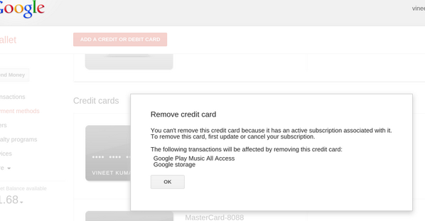 vineet's tweet image. .@GoogleWallet did you really just tell me to cancel google service subscriptions instead of updating my CC#? #pmfail