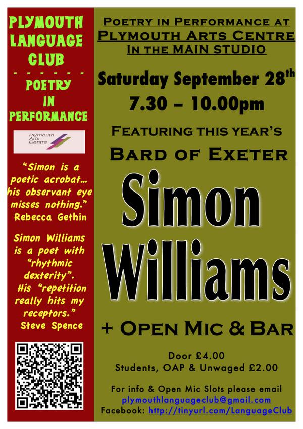 PlymLangClub's tweet photo. TONIGHT! Simon Williams is guest poet at the Language Club: 7:30pm  @PlymArtsCentre @greatbigbadger #Plymouth #Poetry http://t.co/SRurWnjCnA
