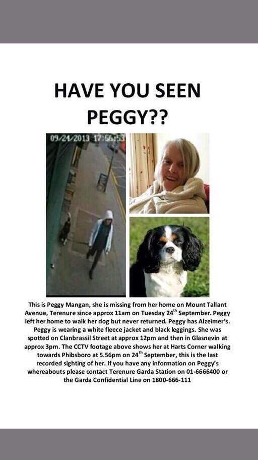frances_black's tweet photo. @TheCoronas  PLEASE RT! Peggy is 65,has Alzheimers &amp; is missing in Dublin since Wed 25th Sep 11am. http://t.co/Hkoh8PlvfG