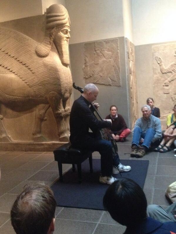 metmuseum's tweet photo. MT @nycjazzrecord: Flanked by Assyrian Lamassu, cellist Erik Friedlander performs solo from Masada book  #Zorn60 http://t.co/oE9J3OwHbm