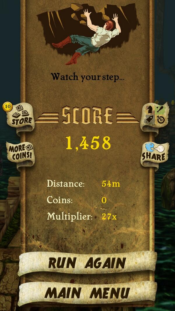 XxstackmasterxX's tweet image. I got 1,458 points while escaping from demon monkeys. Beat that! bit.ly/TempleRunGame #TempleRun