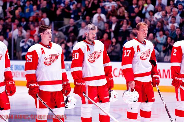 DetroitRedWings's tweet photo. PHOTO: A rare night as the three "A" patch's were worn by @cemmer48, Miller, &amp; Samuelesson. #RedWings http://t.co/q8SAVSSHGE