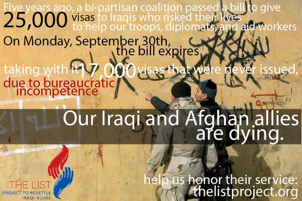 tlpHQ's tweet photo. The Special Immigrant Visa dies Monday, taking with it 17K visas for our Iraqi allies.  RT to help us raise awareness http://t.co/EjJ3zSXtAP