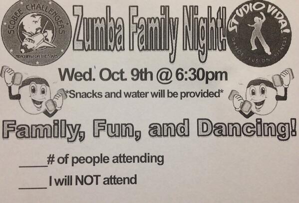 ScobeePta's tweet photo. Zumba Family Night, Oct 9th....Be There! http://t.co/dy2EeE0sPd