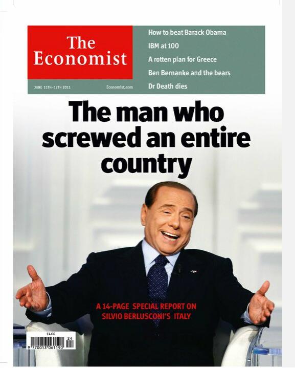 Berlusconi's latest antics remind me of this Economist cover, apparently he's still at it