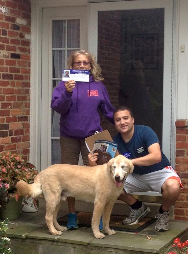 TerryMcAuliffe's tweet photo. Jake and his mom brought their dog Wilson along to talk to voters in their community! #TeamTerry #VAGov http://t.co/pcJ9XnD0Jx
