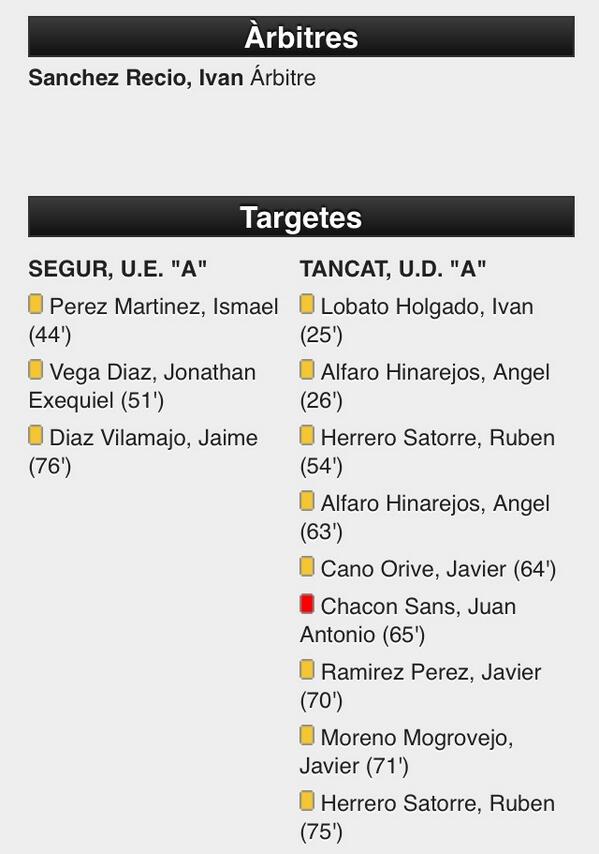 UE Segur 1-1 UE Tancat. Arbitro y amonestaciones.