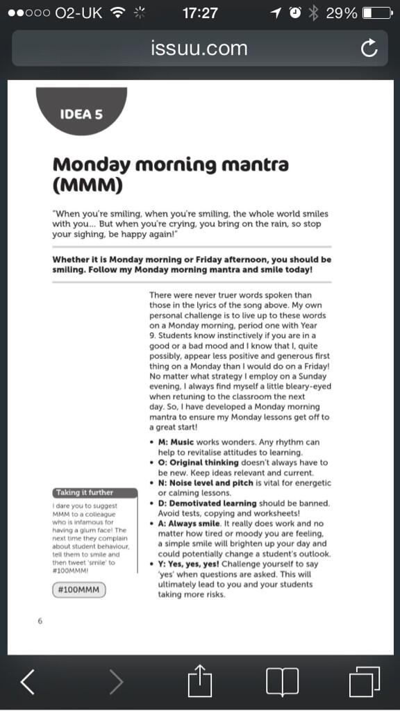 TeacherToolkit's tweet photo. #100MMM
Monday-Morning Mantra (Idea 5)
http://t.co/PW8oNQGcSO #100Ideas http://t.co/gNmullPNWJ