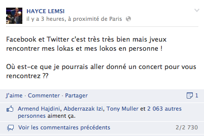 Hayce_Lemsi's tweet photo. Plus de 2700 réponses en 3 heures sur Facebook... vous êtes au top mes lokos j'espère vraiment tous vous rencontrez http://t.co/VmNA3A05S7