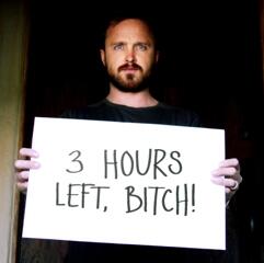BreakingBad's tweet photo. Only three hours left… Tune in to watch @aaronpaul_8 #GoodbyeBreakingBad http://t.co/YTe0Xl2LrR