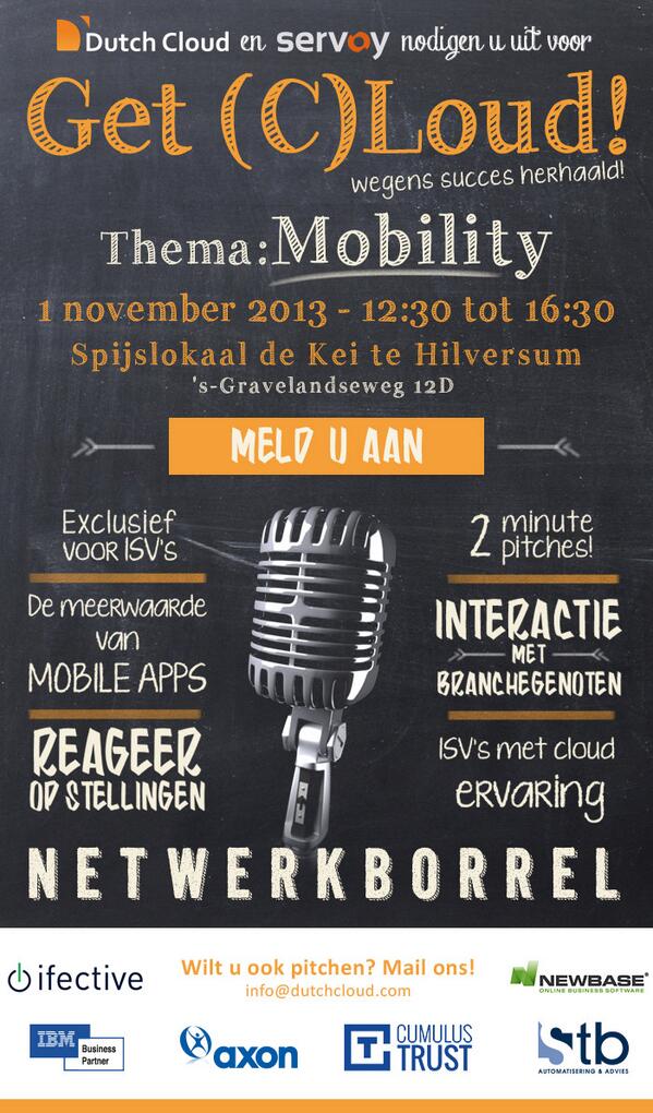 DutchCloud's tweet image. De uitnodigingen voor #GetCloud zijn eruit! Schrijf je in op dutchcloud.com/getcloud. #Cloud #MobileApps #ISV