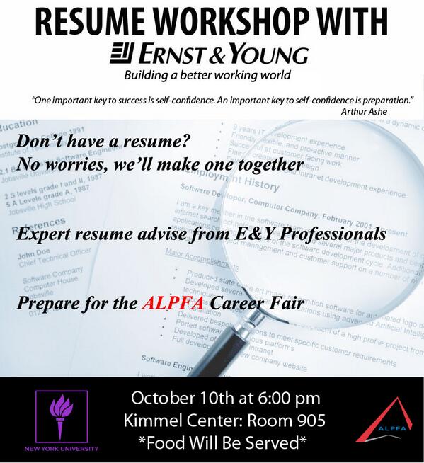 ALPFANYUChapter's tweet photo. Join us on Thursday,October 10th, at 6pm Kimmel Center room 905 to enhance your resume with #NYUALPFA and E&amp;Y. http://t.co/vsmuBhUBYa