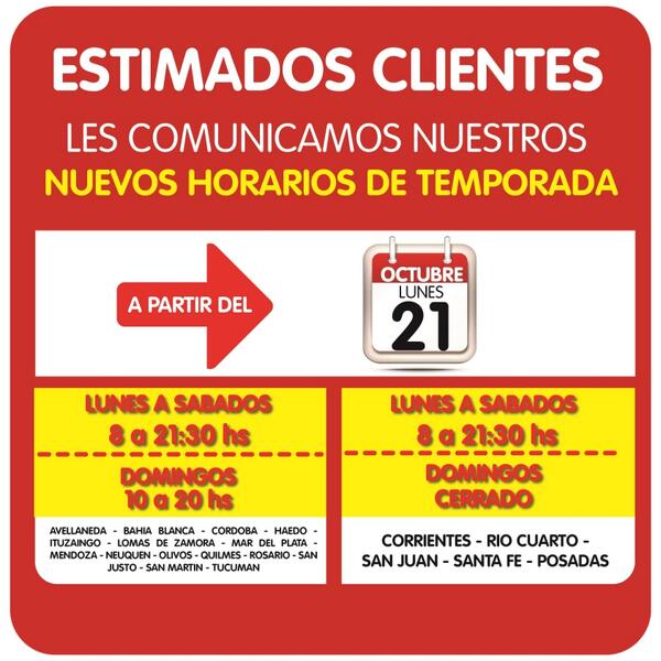 Para ir agendando:  ¡A partir del Lunes 21 de Octubre cambiamos los horarios de todas nuestras #sucursales!