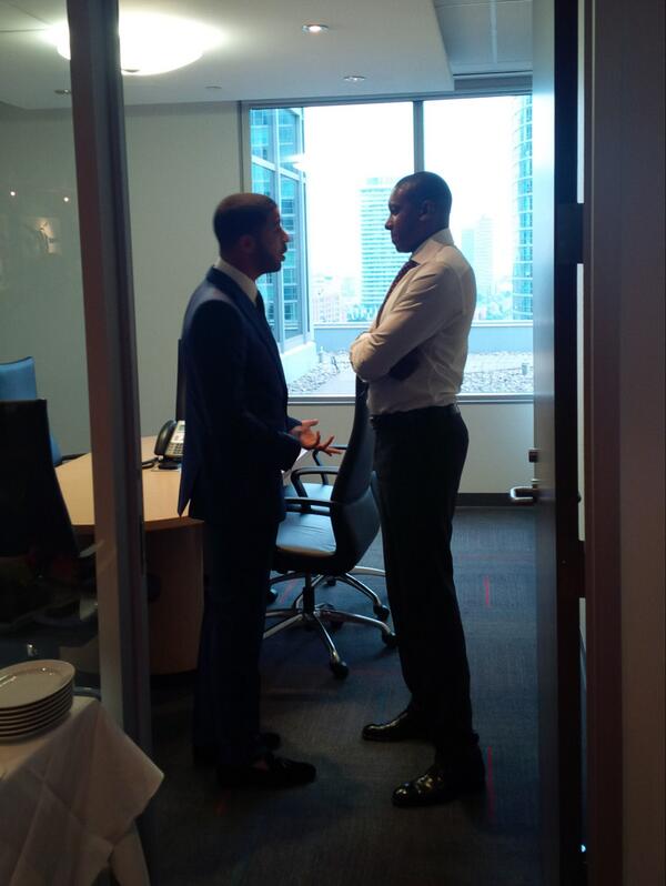 HoopersDigest's tweet photo. @Drake and @Raptors president &amp; GM Masai Ujiri catch up prior to Monday's @NBA announcement at ACC. http://t.co/ngRD7NNyPO