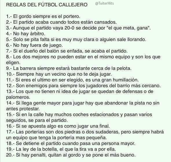 TuiterHits's tweet photo. Reglas del futbol callejero, toda la verdad de cuando jugabamos a futbol de pequeños. http://t.co/tjKu8qZkv6