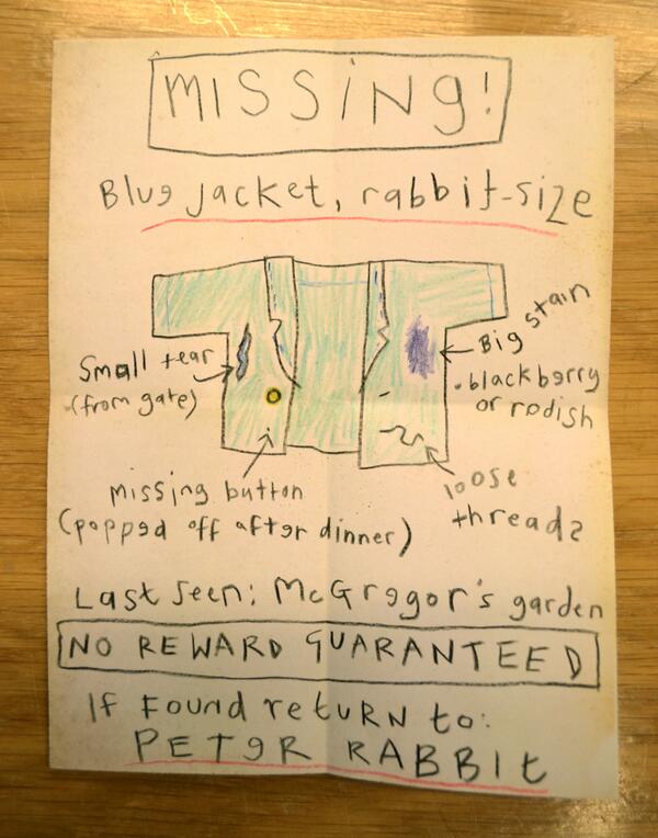 PenguinUKBooks's tweet photo. .@nationaltrust It’s me, Peter Rabbit. Can you please put this poster up? #lostjacket http://t.co/gO7bCxgTcj