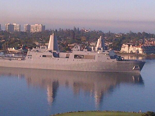 Great pic! RT <a href="/reinsurancem/">Risk Master</a>: Warship entering San Diego harbor. Taken from my room at Marriott. #NAPSLO #insurance