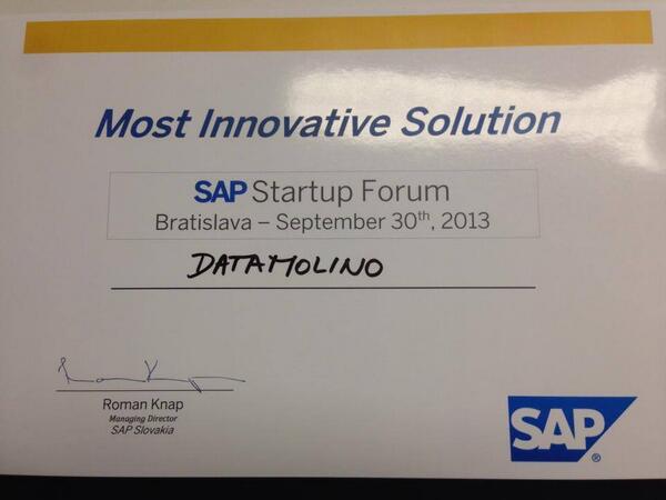 datamolino's tweet photo. The jury of the SAP Startup Forum in Bratislava has picked @datamolino as the "Most Innovative Solution". Thank You. http://t.co/ORbooc4cNm