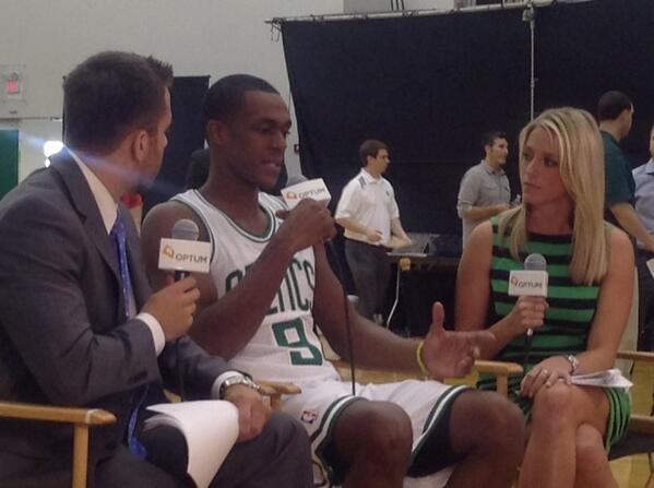 celtics's tweet photo. .@RajonRondo talks about the upcoming season live from Celtics Media Day Presented by Optum http://t.co/8D3IDSYdfo”
