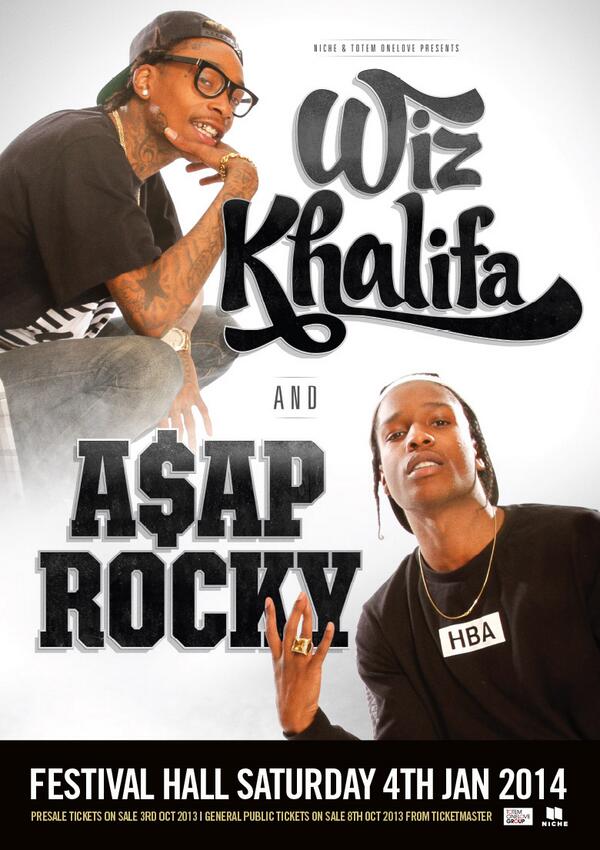 TaylorGang's tweet photo. "Just announced: @wizkhalifa &amp; @asvpxrocky at Festival Hall in Melbourne January 4! Tickets go on sale 10/3. http://t.co/hXqxpc0KaG "