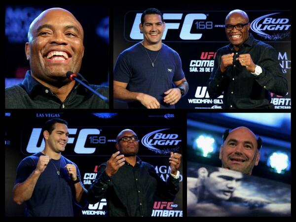 ufc's tweet photo. Big smiles in Sao Paulo for the final day of the World Press Tour for Weidman and Silva #UFC168 http://t.co/U9yX97k1U5