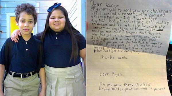 Powerful_Pics's tweet image. An 8-year-old boy wrote a letter to Santa asking for help to stop his twin sister from being bullied at school.