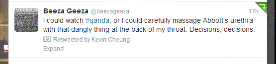 jonstribling's tweet photo. Looking for the #qanda @beezageeza tweet that News Ltd are frothing about? here's a screencap http://t.co/0qfXBfvUlv @ScientificNinja