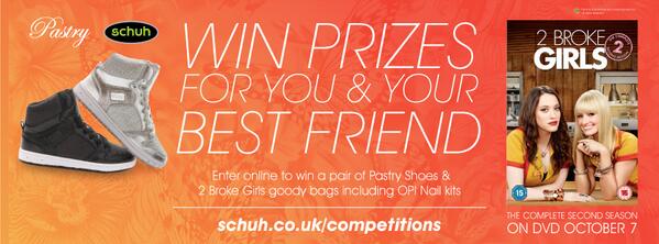PastryEurope's tweet photo. We've teamed up with @schuh and @WarnerBrosEnt's hit show @2BrokeGirls_CBS to give away Pastry's and other prizes! http://t.co/IjMP0Ca7GU