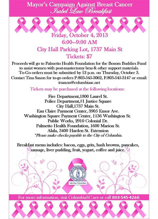 SteveBenjaminSC's tweet photo. Join the Mayor's Campaign Against Breast Cancer on Fri from 6-9a for breakfast at City Hall. Support @PH_Foundation. http://t.co/H4yqHQ8Fom