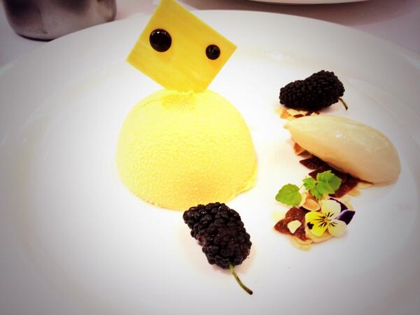 The final dish w cocoa nib croquant, toasted almond, mulberry