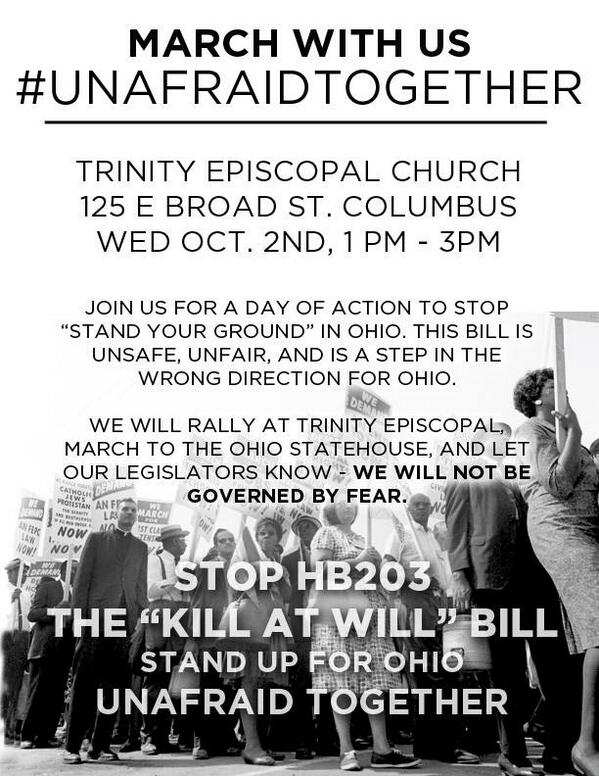 ColorOfChange's tweet photo. OHIO: Join our friends @standupOH fighting back against #ShootFirst bill #HB203, Wed. in Columbus. #UnafraidTogether http://t.co/MpLlfb4Q1V