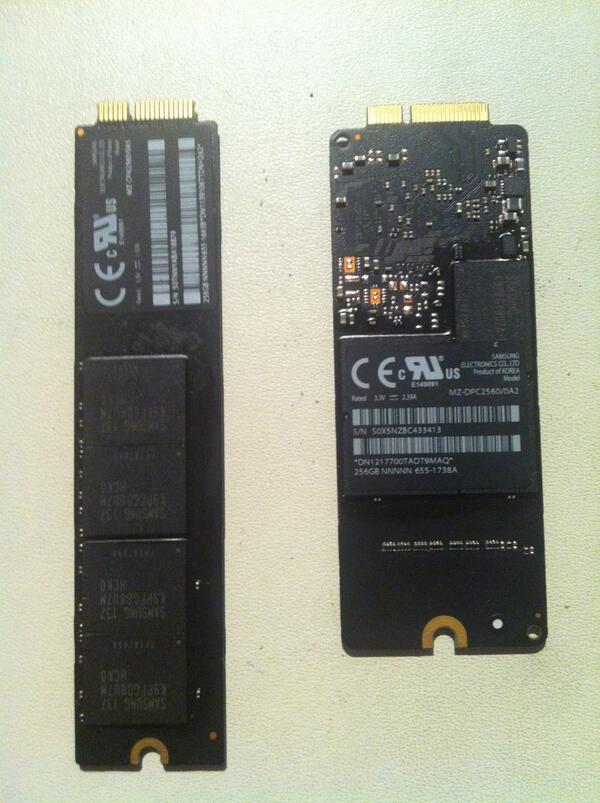 BatMacSoporte's tweet image. Si quieres saber cómo luce el SSD de tu #MacBookAIr o tu #MacBookProRetinaDisplay el de la izq. es de un Air