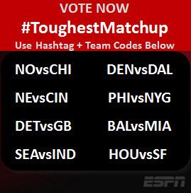 espn's tweet photo. The @Hanes NFL Live Vote starts NOW.   

What’s Week 5’s #ToughestMatchup?   

Use the hashtag &amp; matchup to vote. http://t.co/rdNrEMn9kT